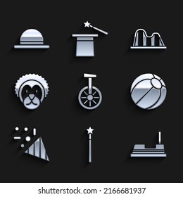 Set Unicycle or one wheel bicycle, Magic wand, Bumper car, Beach ball, Festive confetti, Wild lion, Roller coaster and Clown hat icon. Vector