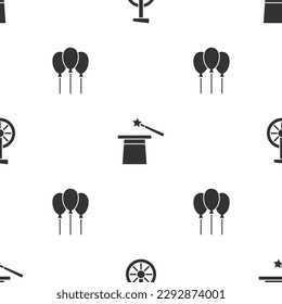 Set Unicycle or one wheel bicycle, Magic hat and wand and Balloons with ribbon on seamless pattern. Vector