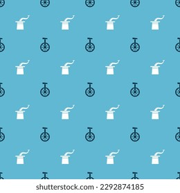 Set Unicycle or one wheel bicycle and Magician hat on seamless pattern. Vector