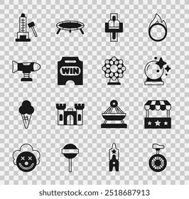 Set Unicycle or one wheel bicycle, Ticket box office, Magic ball, Attraction carousel, Circus ticket, Swing plane, Striker attraction with hammer and Ferris icon. Vector