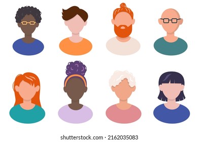 Set of unidentified people avatars. Diverse group of women and men in various ages, skin colors, nationalities. Faceless portraits.