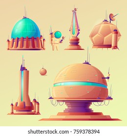 Set of unidentified space objects, UFO, ships of extraterrestrial alien invaders,  research stations, vector cartoon illustrations. Elements for game design.