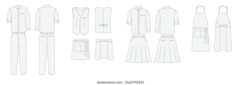 set of uniform cafe worker, restaurant, apron, chef, server, waitress wear mockup template design