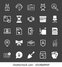set of uniform, call center, badge, chair, search person, open book, sand clock, loudspeaker, calendar, video call, shopping bill, work desk, job location, bow, keyboard, security, shovel vector icon