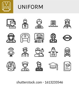 Set of uniform icons. Such as Long sleeve, Graduate, Delivery guy, Officer, Hat, Pilot, Firewoman, Mortarboard, Taekwondo, American football, Soldier, Delivery man , uniform icons