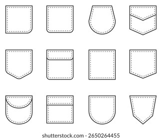 Set of uniform patch pockets shapes for clothes, dress, shirt, casual denim style. Isolated icons.