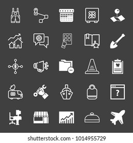 set of uniform, route, calendar, money safe, map pin, growth, chat settings, pin code, book, shovel, business network, loudspeaker, plane, shop, construction, work desk, antenna, dentist vector icon