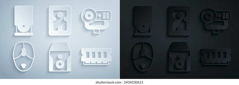 Configuración de fuente de alimentación ininterrumpida, cámara web, ratón de ordenador, RAM, memoria de acceso aleatorio, disco duro de disco duro y el icono de disco óptico. Vector