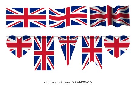  Set of Union Jack Bunting Flags. Vector Illustration of UK Flag. Realistic National Flag of United Kingdom