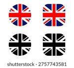 Set of Union Jack flag icons in circular and square shapes, including color and outline versions. Transparent background used for graphic design elements.