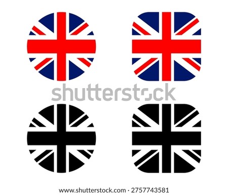 Set of Union Jack flag icons in circular and square shapes, including color and outline versions. Transparent background used for graphic design elements.