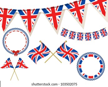 set of union jack flags, bunting and rosettes