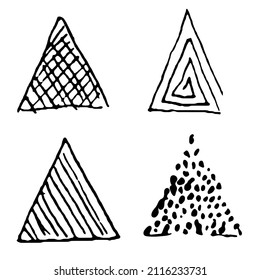Set of Uniqiue handdrawn shapes of triangle for logo design. Isolated vector illustration on white background. Scribble Sketch Doodle Element.