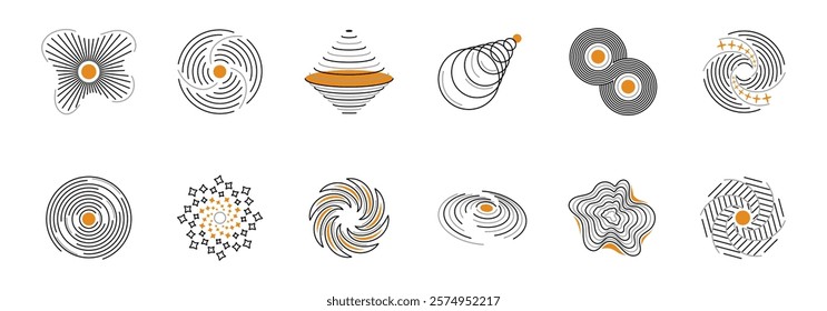 Set of unique abstract designs featuring swirling patterns in black, orange, and grey tones.