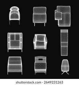 Set of unique armchairs arranged on a black background, showcasing distinct designs in a 3D model. Each chair features intricate details, clean lines, and modern aesthetics.