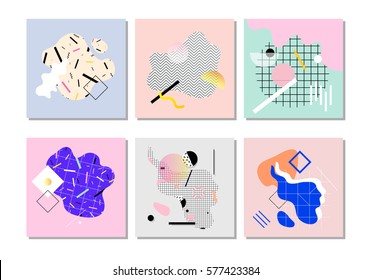 Set of unique artistic design cards. Vector graphics. Use it for invitations, posters or postcards, decorations. Memphis design style. 80's geometric style.