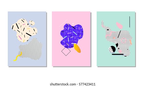 Set of unique artistic design cards. Vector graphics. Use it for invitations, posters or postcards, decorations. Memphis design style. 80's geometric style.