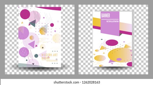 Set of Unique artistic summer card with bright gradient background,shapes and geometric elements in memphis style.