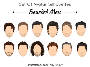 Set of unique avatars of bearded men and boys. Faces without eyes, noses, mouth, eyebrows with beard. Flat plus hand drawn modern style vector illustration.