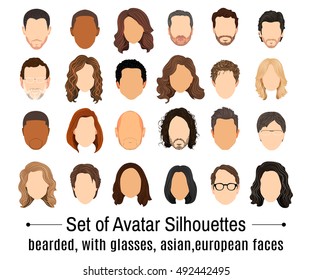 Conjunto de avatares únicos de hombres y niños, niñas y mujeres. Caras asiáticas y europeas, africanas. Con barba y con gafas. Ilustración vectorial de estilo moderno plano más dibujada a mano.