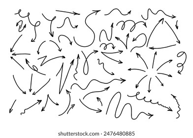 Conjunto de flechas negras únicas dibujadas a mano garabatos sobre un fondo blanco. Las flechas están en varios estilos, incluyendo recto, curvado y en bucle. Indicación de dirección, movimiento o progresión