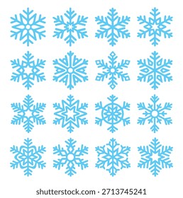 Set of Unique Blue Snowflake Icons for Winter and Holiday Designs