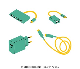 Set of unique cables and adapters for electronic devices. Technology accessories collection with connectors, plugs, and wires in flat style