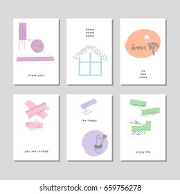Set of unique  card templates with hand drawn elements and torn textured backdrop. Unusual design for invitation, poster, cover, wedding, anniversary, greeting card, brochure, business card. Vector