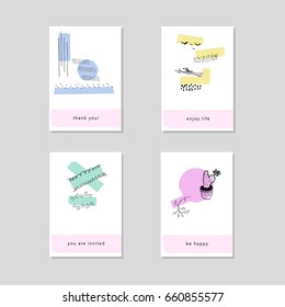 Set of unique  card templates with hand drawn elements and torn textured backdrop. Unusual design for invitation, poster, cover, wedding, anniversary, greeting card, brochure, business card. Vector