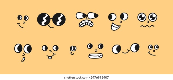 Conjunto de expresiones faciales únicas de dibujos animados con diferentes emociones - Ilustración vectorial de caras divertidas y tristes con gafas de sol, ojos saltones y varias bocas - perfecto para emoticonos, pegatinas, etc