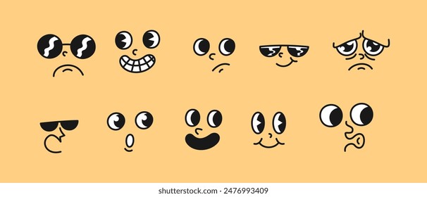 Conjunto de expresiones faciales únicas de dibujos animados con diferentes emociones - Ilustración vectorial de caras divertidas y tristes con gafas de sol, ojos saltones y varias bocas - perfecto para emoticonos, pegatinas, etc