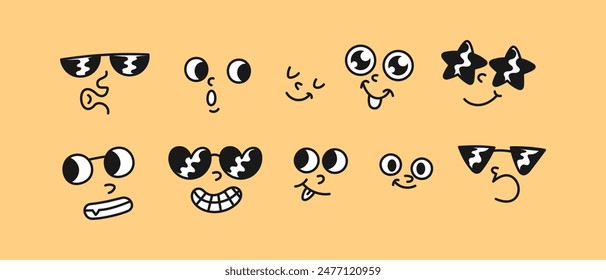 Set von einzigartigen Cartoon Gesichtsausdrücke mit verschiedenen Emotionen - Vektorillustration von lustigen und traurigen Gesichtern mit Sonnenbrille, Glotzaugen und verschiedenen Mündern - Perfekt für Emojis, Aufkleber, etc