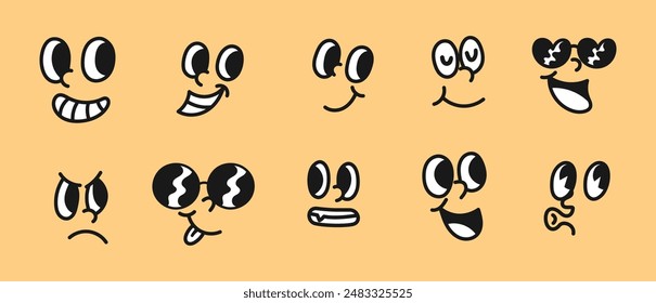 Set von einzigartigen Cartoon Gesichtsausdrücke mit verschiedenen Emotionen - Vektorillustration von lustigen und traurigen Gesichtern mit Sonnenbrille, Glotzaugen und verschiedenen Mündern - Perfekt für Emojis, Aufkleber, etc