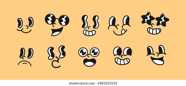 Conjunto de expresiones faciales únicas de dibujos animados con diferentes emociones - Ilustración vectorial de caras divertidas y tristes con gafas de sol, ojos saltones y varias bocas - perfecto para emoticonos, pegatinas, etc