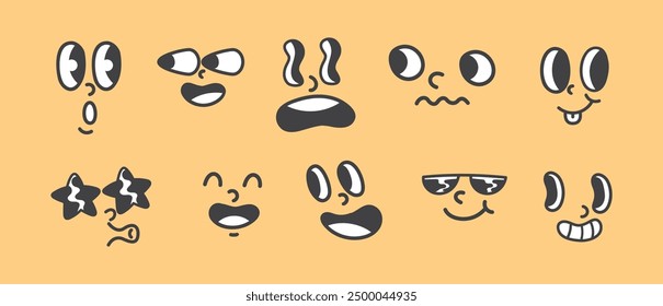 Set of Unique Cartoon Face Expressions with Different Emotions - Vector Illustration of Funny and Sad Faces with Sunglasses, Googly Eyes, and Various Mouths - Perfect for Emojis, Stickers, etc