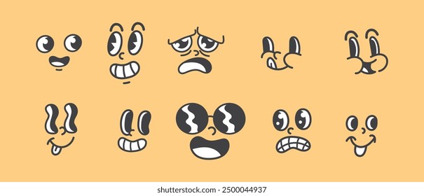 Conjunto de expresiones faciales únicas de dibujos animados con diferentes emociones - Ilustración vectorial de caras divertidas y tristes con gafas de sol, ojos desagradables y varias bocas - perfecto para emojis, pegatinas, etc