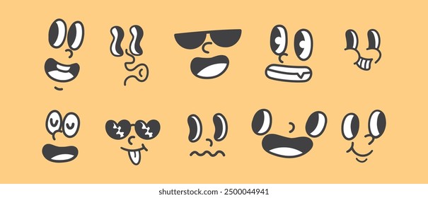 Conjunto de expresiones faciales únicas de dibujos animados con diferentes emociones - Ilustración vectorial de caras divertidas y tristes con gafas de sol, ojos desagradables y varias bocas - perfecto para emojis, pegatinas, etc