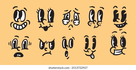 Conjunto de expresiones faciales únicas de dibujos animados con diferentes emociones - Ilustración vectorial de caras divertidas y tristes, ojos desagradables y varias bocas - perfecto para emojis, pegatinas, etc