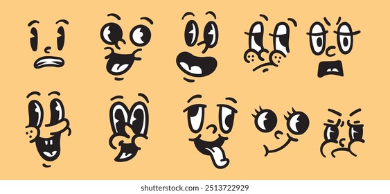 Conjunto de expresiones faciales únicas de dibujos animados con diferentes emociones - Ilustración vectorial de caras divertidas y tristes, ojos desagradables y varias bocas - perfecto para emojis, pegatinas, etc