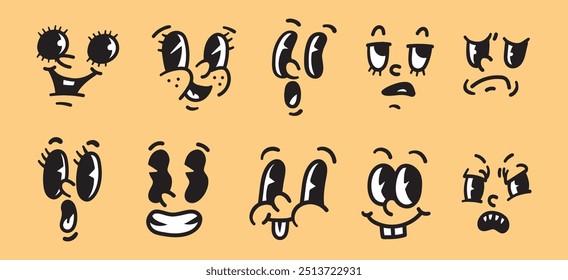 Conjunto de expresiones faciales únicas de dibujos animados con diferentes emociones - Ilustración vectorial de caras divertidas y tristes, ojos desagradables y varias bocas - perfecto para emojis, pegatinas, etc