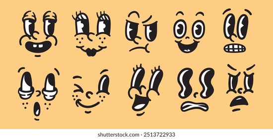 Conjunto de expresiones faciales únicas de dibujos animados con diferentes emociones - Ilustración vectorial de caras divertidas y tristes, ojos desagradables y varias bocas - perfecto para emojis, pegatinas, etc