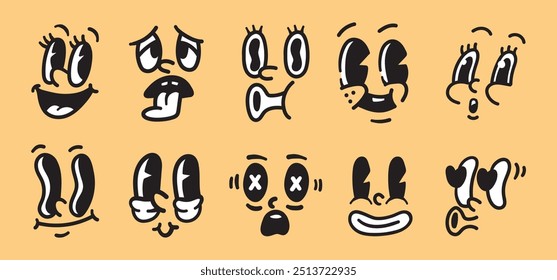 Conjunto de expresiones faciales únicas de dibujos animados con diferentes emociones - Ilustración vectorial de caras divertidas y tristes, ojos desagradables y varias bocas - perfecto para emojis, pegatinas, etc