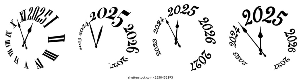 Set of unique clock designs in black and white, with creative year arrangements highlighting the countdown to 2025. Perfect for New Year graphics and festive themes.