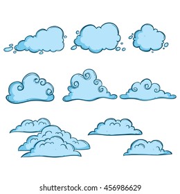 Set of unique clouds with blue color and using doodle art