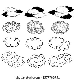 Set of Unique Clouds in Doodle or Hand Drawn Style 