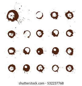 Set of unique coffee stains, spots, cups splashes isolated on white background. Vector illustration.