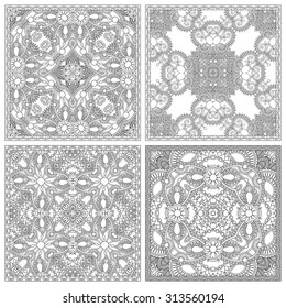 set of unique coloring book square page for adults - floral authentic carpet design, joy to older children and adult colorists, who like line art and creation, vector illustration