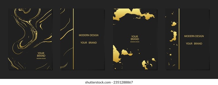Set von einzigartigem Cover-Design. Schwarze Hintergründe, marmorfarbene Grunge-Textur, Riss. Geometrisches 3D-Prägung, goldenes Muster. Sammlung abstrakter, vertikaler Vorlagen für moderne Kreativität.