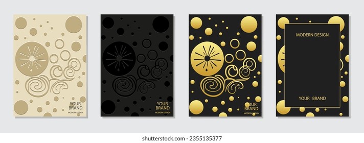 Conjunto de portadas únicas, plantillas verticales. Colección de fondos geométricos en relieve con un patrón étnico 3d, textura dorada. Boho, diseños minimalistas de Oriente, Asia, India, África, México, Azteca