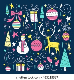 Set of unique cute Christmas illustrations. Clipart collection with snowman, Christmas ball, reindeer. Vector elements for Xmas design.
